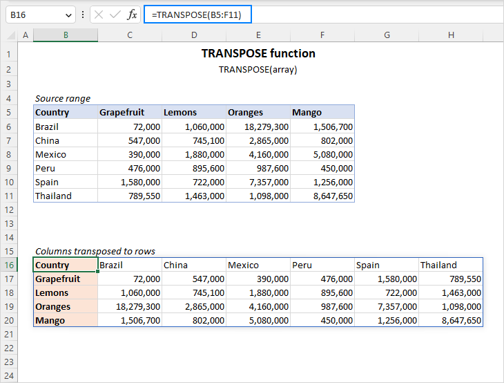 TRANSPOSE function in Excel