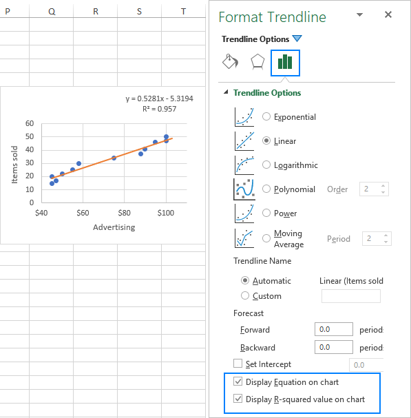 Display the trendline equation and R-squared value on a chart.