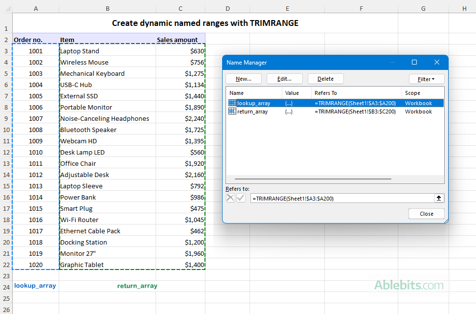 Two formula-based dynamic named ranges are created.