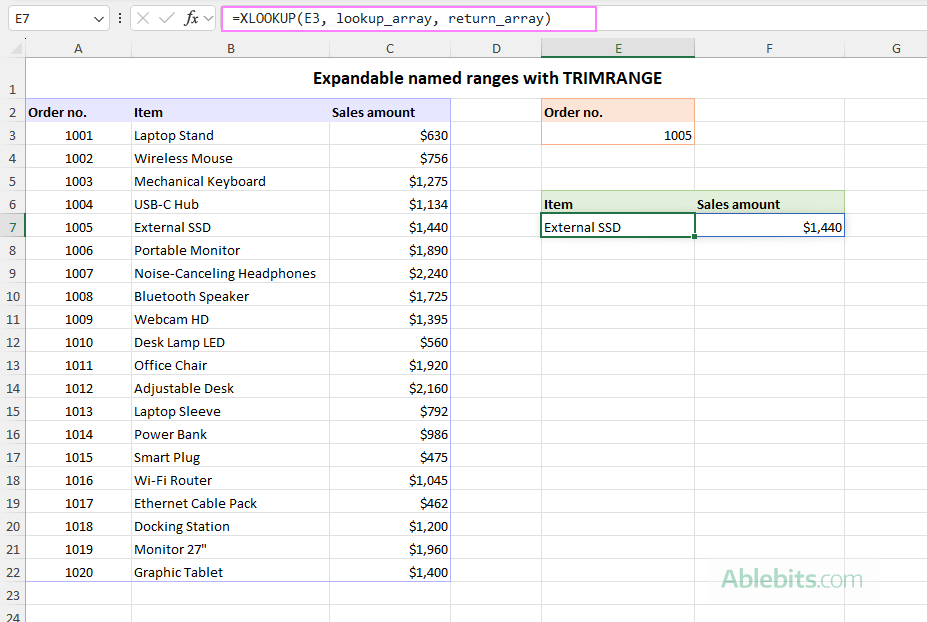 Use the dynamic named ranges in an XLOOKUP formula.
