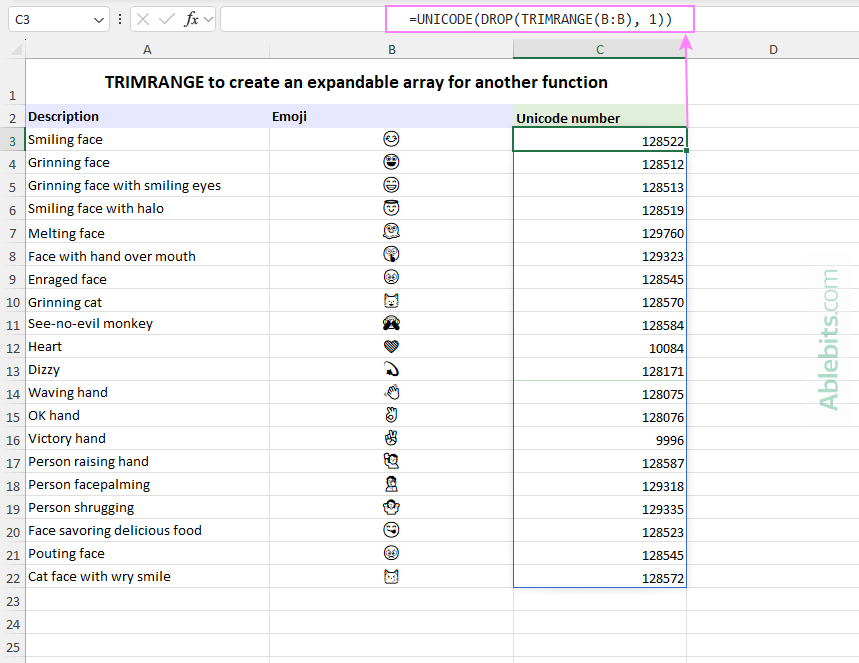 Use TRIMRANGE to supply an expandable dynamic array to another function.