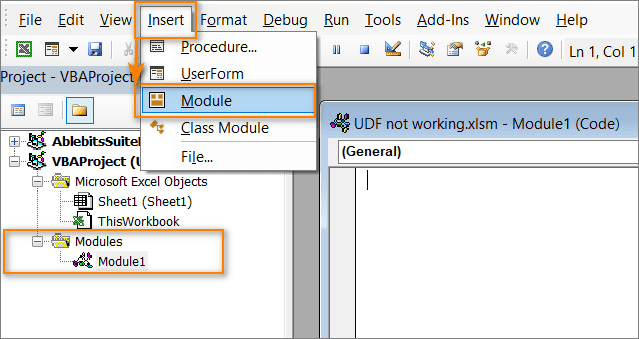 Insert new VBA module.