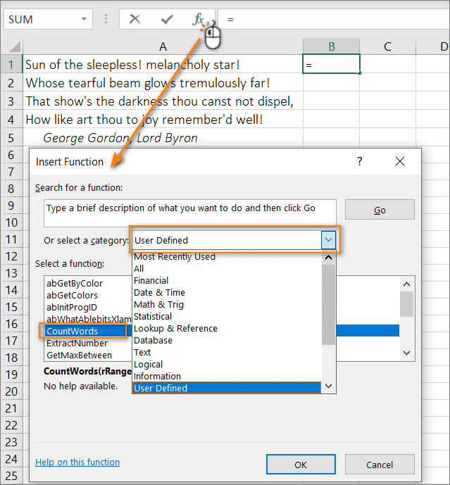 Find user defined functions in Excel.