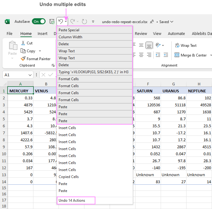 Undo multiple edits in Excel.