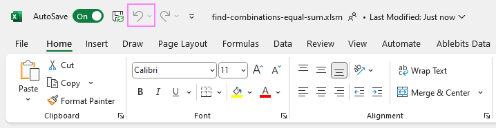 Excel undo not working