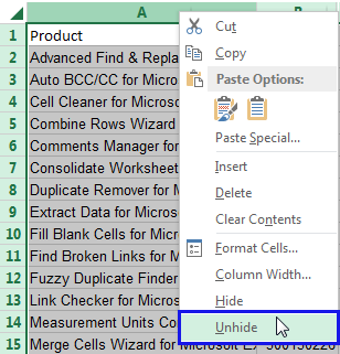 unable to unhide column a in excel for mac