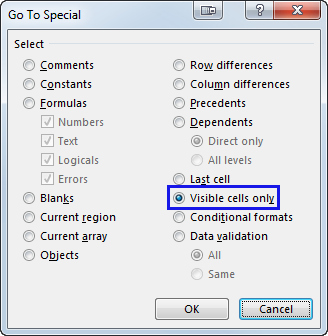 Select the Visible cells only radio button
