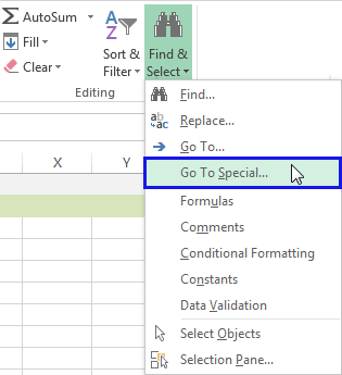 Click on the Find & Select icon and pick the Go to Special… option