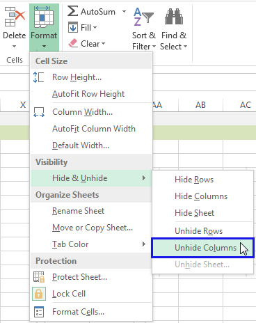 Click on the Format icon > Hide & Unhide >   Unhide columns