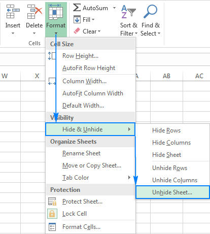 Unhide worksheet using the ribbon.