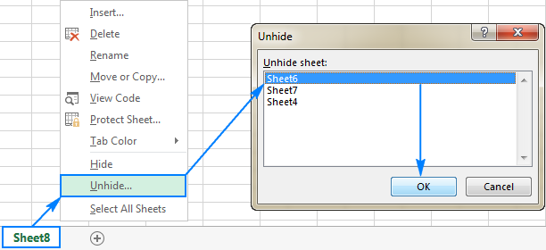 Unhide sheets in Excel via the right-click menu.