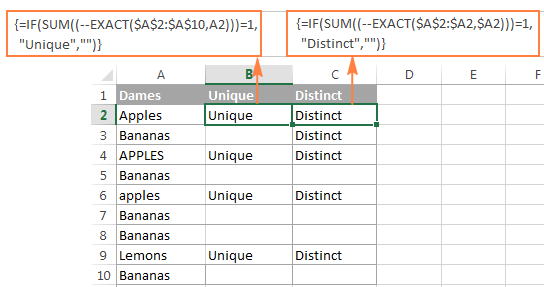 Find case-sensitive unique and distinct values in Excel.