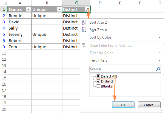 Filtering unique and distinct values in Excel