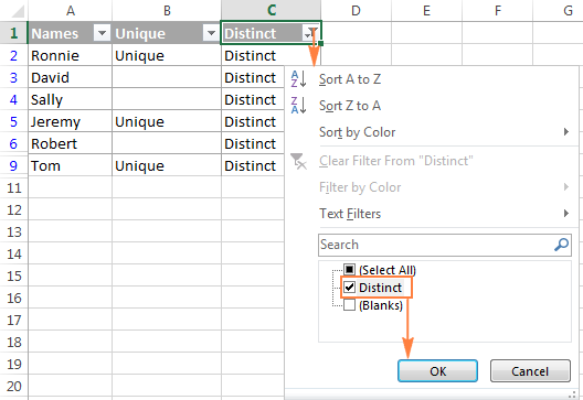 Excel Filter Unique Values