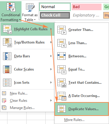 Excel's built-in rule to highlight unique values in a column