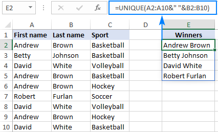 Concatenating unique values from multiple columns into one cell