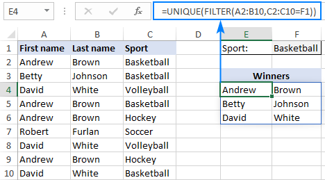 Getting a list of unique values based on condition