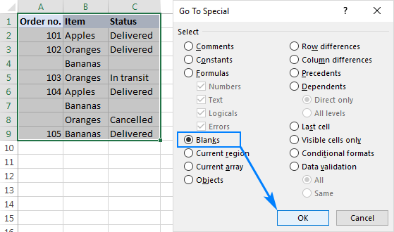 Select blank cells in Excel.