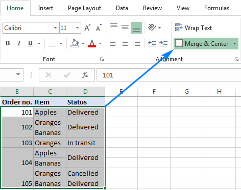 where is merge and center in excel online