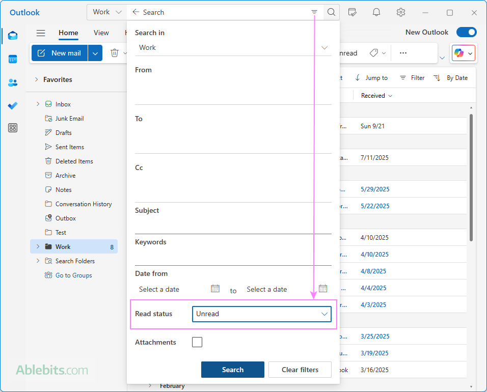 Show unread emails in Outlook using Advanced Search. Show unread emails in Outlook using Advanced Search.