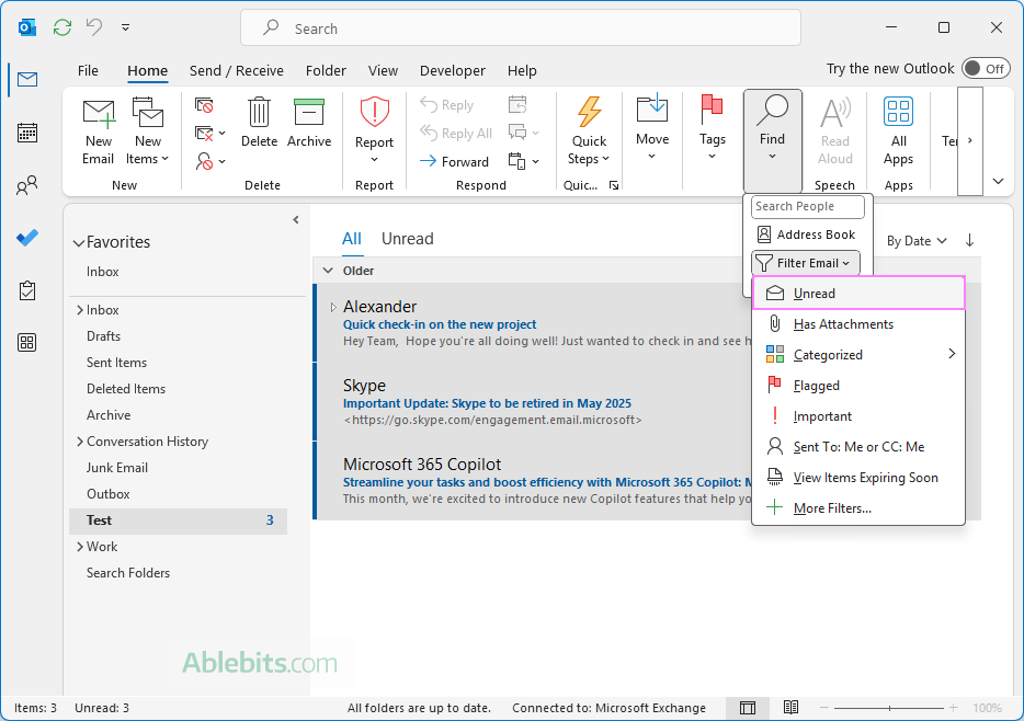 Another way to filter unread emails in the current folder. Another way to filter unread emails in the current folder.