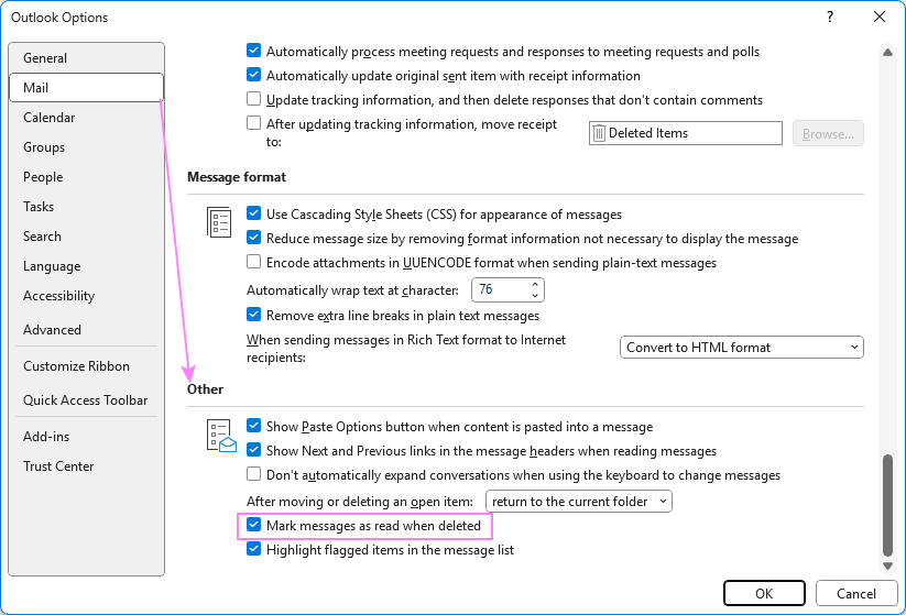 Mark Outlook messages as read automatically when deleted. Mark Outlook messages as read automatically when deleted.