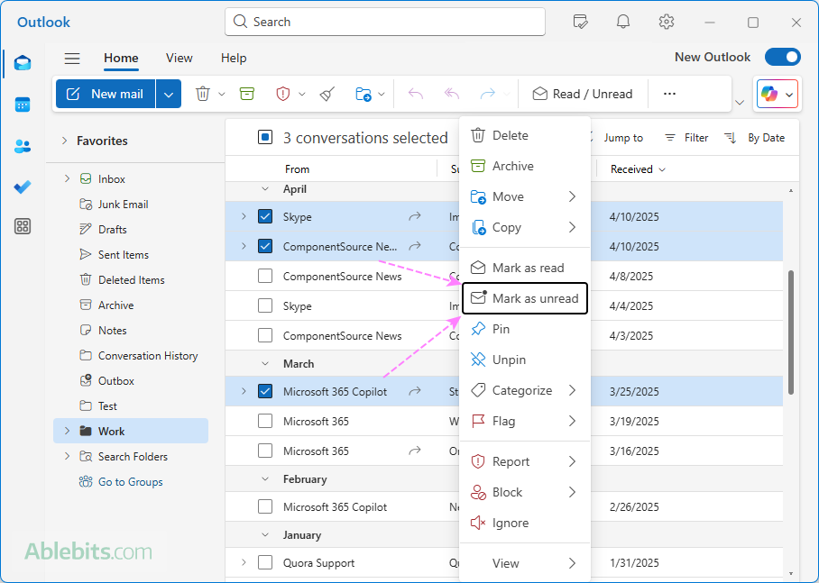 Mark emails as unread in Outlook. Mark emails as unread in Outlook.