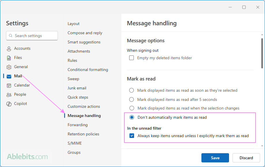 Keep messages unread when selected or previewed in the new Outlook and web. Keep messages unread when selected or previewed in the new Outlook and web.