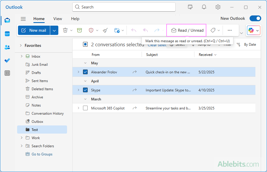 Toggle the read / unread status of the selected emails in the new Outlook. Toggle the read / unread status of the selected emails in the new Outlook.
