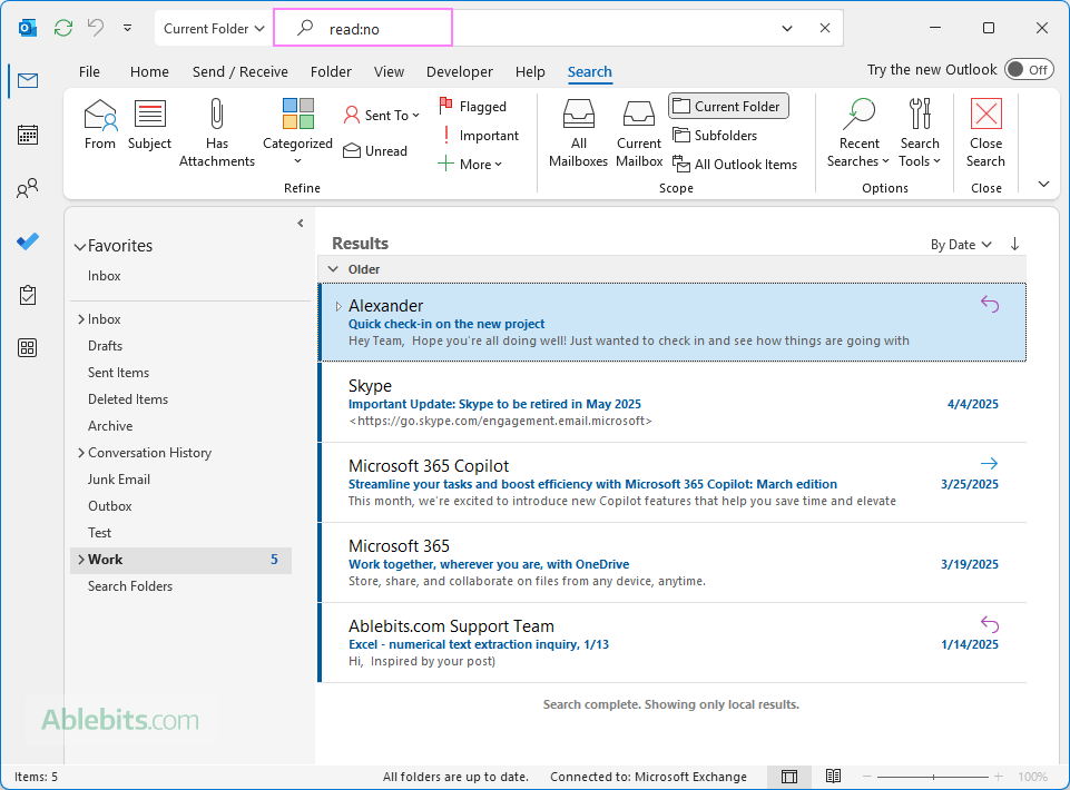Search for unread emails using Outlook text filters. Search for unread emails using Outlook text filters.