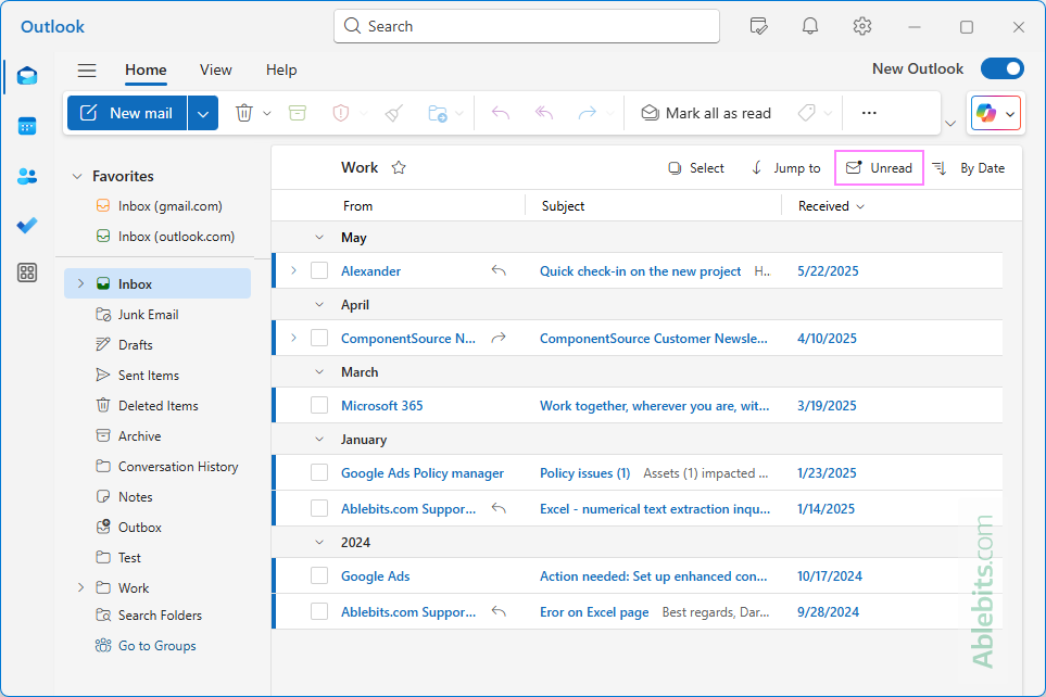 The Unread filter is applied in the new Outlook. The Unread filter is applied in the new Outlook.