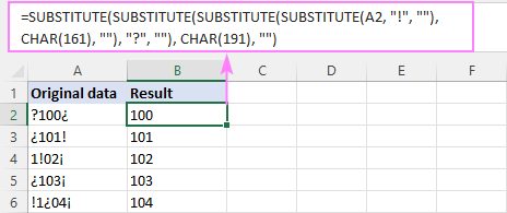 Delete multiple characters by using nested SUBSTITUTE functions