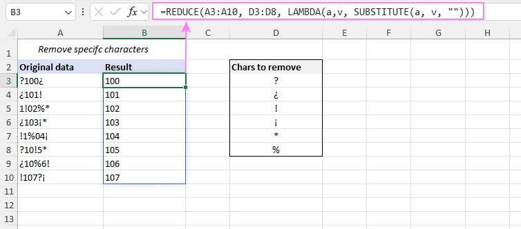 Remove multiple characters using a REDUCE formula.