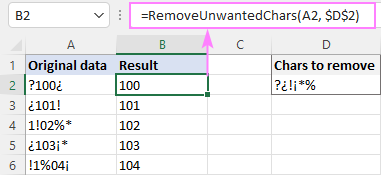 A custom VBA function to remove unwanted characters in Excel
