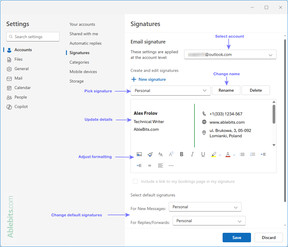 Update a signature in the new Outlook. Update a signature in the new Outlook.