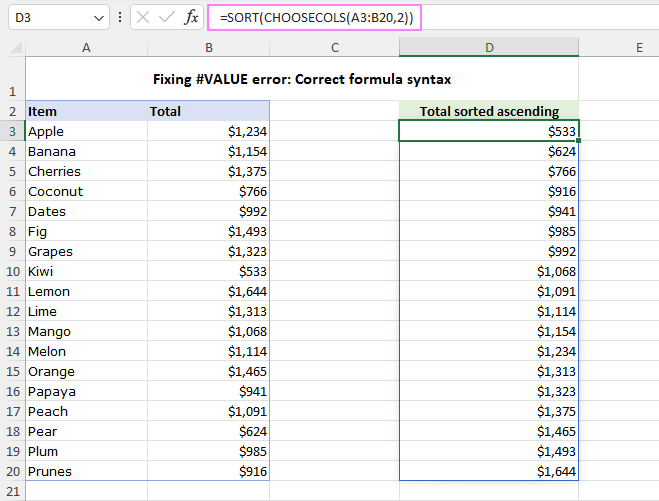 Correct the syntax error in an Excel formula to fix the #VALUE error.