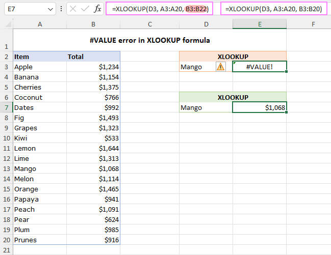 #VALUE error in Excel XLOOKUP formula