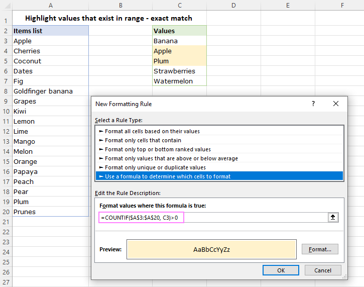 Highlight values that exist in range.