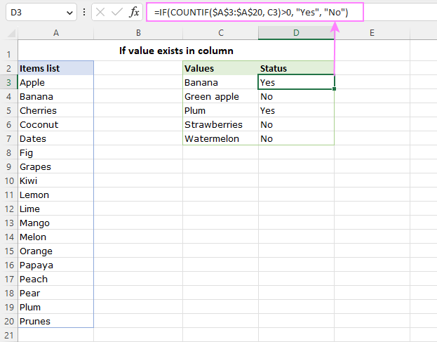 Check if value exists in a column in Excel.