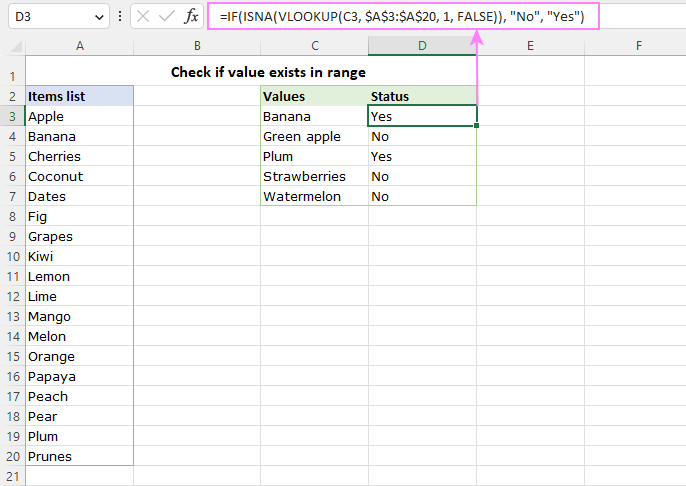 The ISNA and VLOOKUP formula to find if a value is present in a rage.