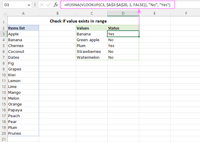 Check if value exists in range in Excel and Google Sheets