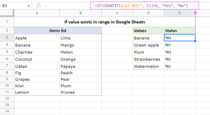 If value exists in range in Google Sheets.