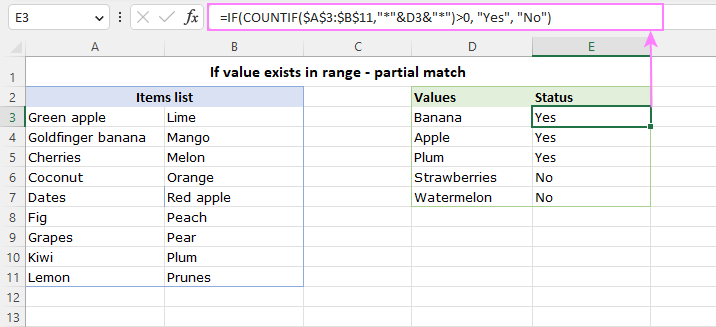 Check if a substring exists in range (partial match).