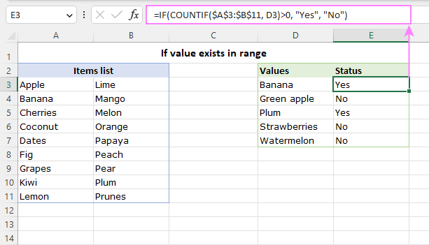 Check if value exists in a range in Excel.