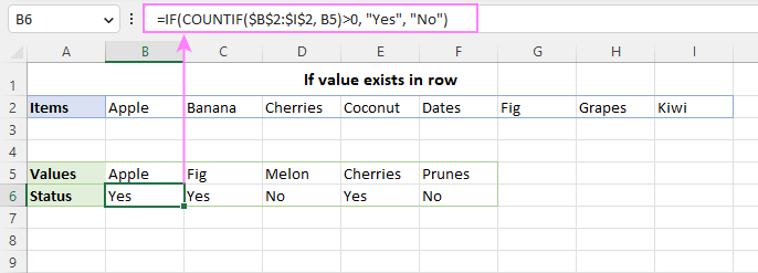 Check if value exists in a row in Excel.