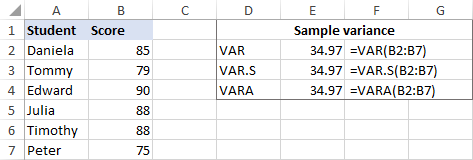 Calculating sample variance in Excel