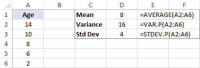 Calculate variance and standard deviation in Excel