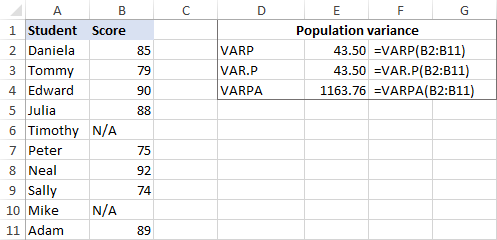 How to calculate variance in Excel sample population variance