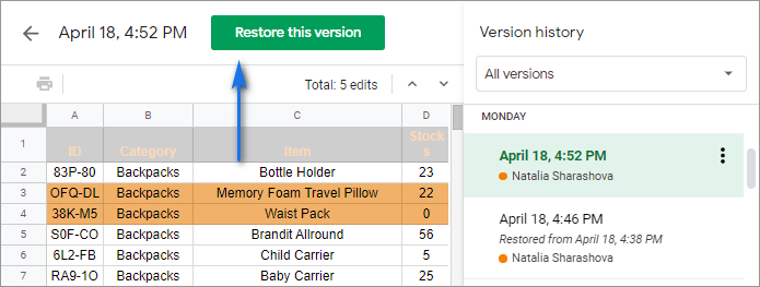 The button to restore the spreadsheet variants.