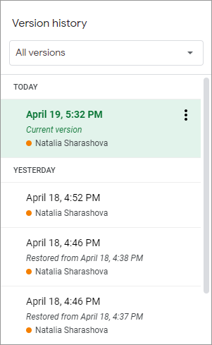 See all versions in a Google Sheets version history.